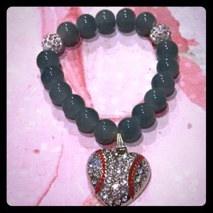 Green Bead Baseball Bracelet Heart Rhinestones